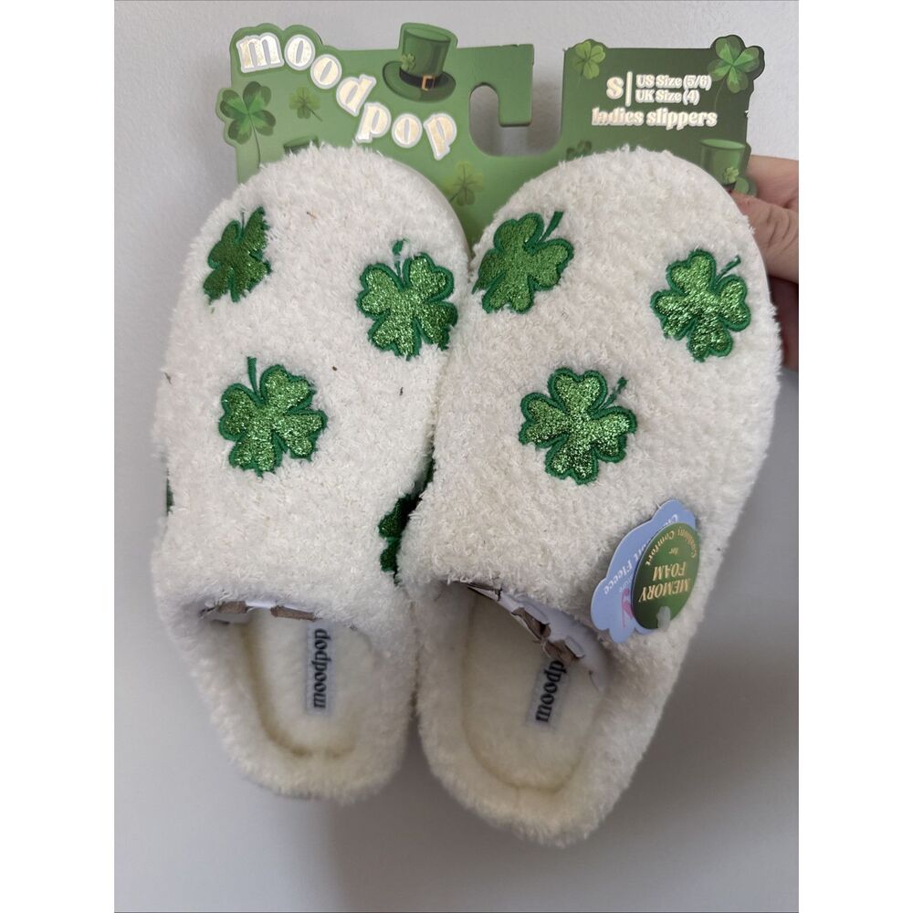 Mood Pop Shamrock Ladies Slippers With Memory Foam Size S 5/6 Irish/ St Patricks